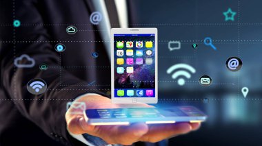 Bir işadamı bir tablet app ve Sosyal Icon - 3d render tarafından çevreleyen ile bir smartphone kullanarak görünümünü 