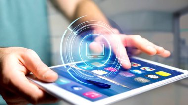 Bir smartphone - 3d render bir parlak teknolojik bilgisayar düğmesini kullanarak bir işadamı görünümünü