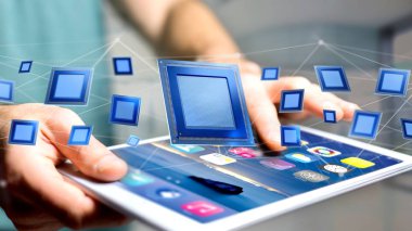 Bir işadamı bir işlemci çip ve ağ bağlantı - 3d render ile bir smartphone kullanarak görünümünü