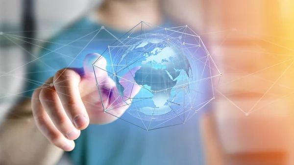 View Businessman Holding Connected Network Earth Globe Concept Futuristic Interface — Stock Photo, Image