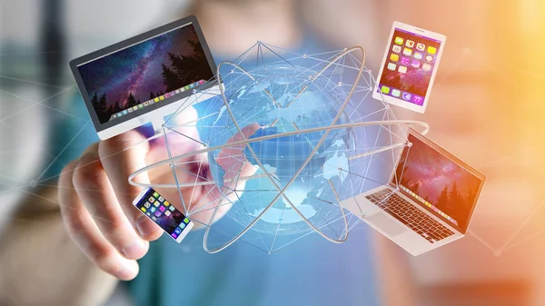 Bir bilgisayar ve uluslararası ağ - 3d render ile bir futuristik arabiriminde gösterilen aygıtlar tutan bir işadamı görünümünü