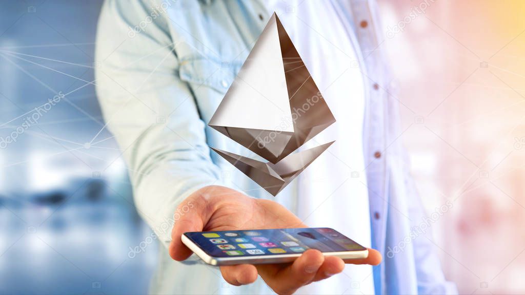 View of a Businessman using a smartphone with a Ethereum crypto currency sign flying around a network connection - 3d render