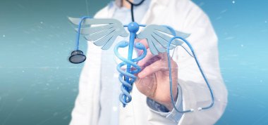 Holding bir 3d redering tıbbi cadaceus ve stetoskop bir doktor görünümünü