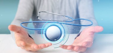 Sağlık stetoskop oluşturma 3d tutan bir işadamı görünümünü