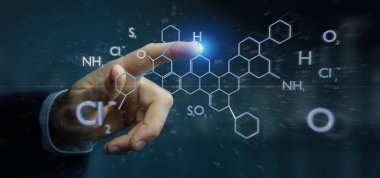 Bir arka plan üzerinde izole molekül yapısı oluşturma 3d tutan bir işadamı görünümünü