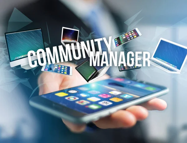Vista Título Community Manager Rodeado Dispositivos Como Smartphone Tablet Laptop — Foto de Stock