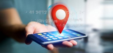 Adam holding 3d render pim tutucu görünümü koordinatları Smartphone ile dünya üzerinde