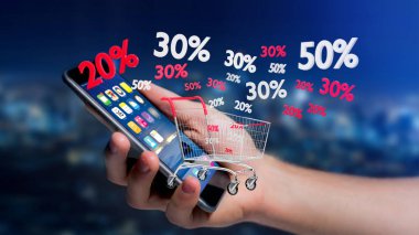 Kırmızı ve beyaz arabası ve satış ile smartphone kullanarak işadamı görünümünü indirim