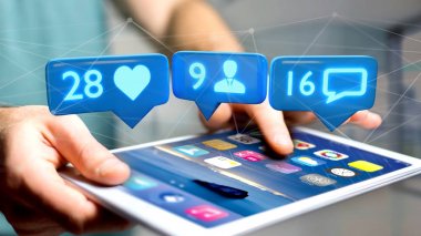 İş adamı gibi takipçisi ve mesaj bildirim tablet ile sosyal ağ üzerinde kullanarak görünümünü 