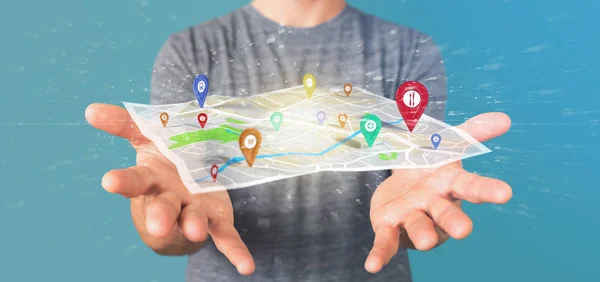 View Man Holding Rendering Map Locations — Stock Photo, Image