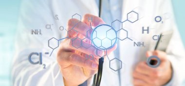 Bir arka plan üzerinde izole molekül yapısı oluşturma 3d tutan bir doktor görünümünü