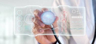 Fütüristik bir şablon tutan bir doktor görünümünü hud arabirimi