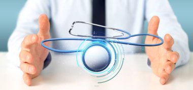 Sağlık stetoskop oluşturma 3d tutan bir işadamı görünümünü