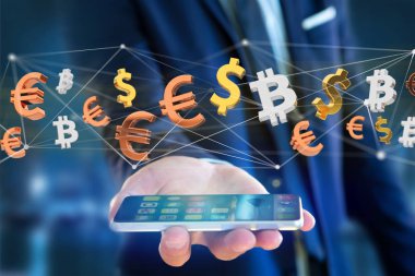 Dolar, Euro ve Bitcoin işaretler bir ağ bağlantı - 3d render uçan görünümünü