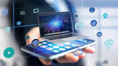 Bir işadamı bir bilgisayar app ve Sosyal Icon - 3d render tarafından çevreleyen ile bir smartphone kullanarak görünümünü 