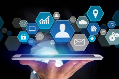 Fütüristik bir arabirim üzerinde görüntülenen bir iş ağ uygulamasının görünümü