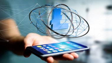 Bir ağ bağlantısı - 3d render uçan litecoin Kripto para birimi işaretiyle bir smartphone kullanarak bir işadamı görünümünü
