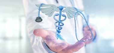 Holding bir 3d redering tıbbi cadaceus ve stetoskop bir doktor görünümünü