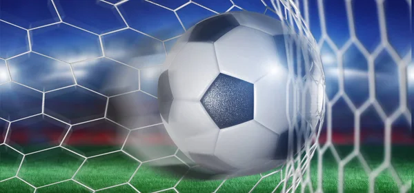 View of a Football ball in the net of a goal - 3d rendering