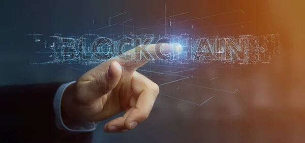 View Businessman Holding Blockchain Title Isolated Background — Stock Photo, Image