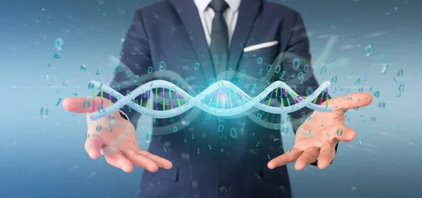 View Businessman Holding Rendering Data Coded Dna Binary File — Stock Photo, Image