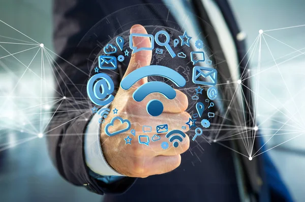View of a wifi symbol connection surrounded by multimedia and internet application logo - 3d rendering