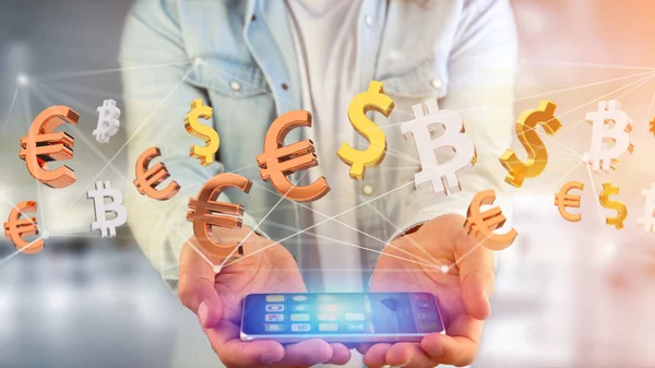 Dolar, Euro ve Bitcoin işaretler bir ağ bağlantı - 3d render uçan görünümünü