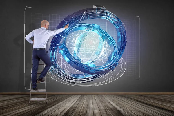 Affärsman Framför Vägg Med Hologram Gjort Hjul Med Ett Futuristiska — Stockfoto