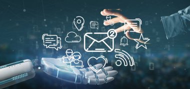 Cyborg sosyal medya ağ simgesi bir bulut tutan
