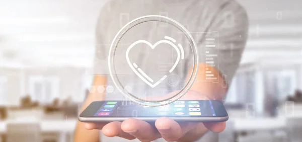 A szív ikonnal rendelkező üzletember az adatokkal körülvéve — Stock Fotó