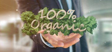 Ahşap bir logo % 100 organik ile tutan işadamı arou bırakır