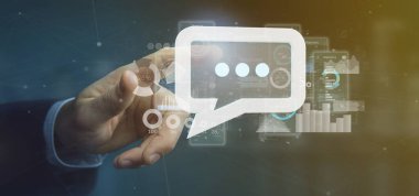 Arka planda verilerle ileti simgesi tutan bir Işadamı görünümü-3B işleme