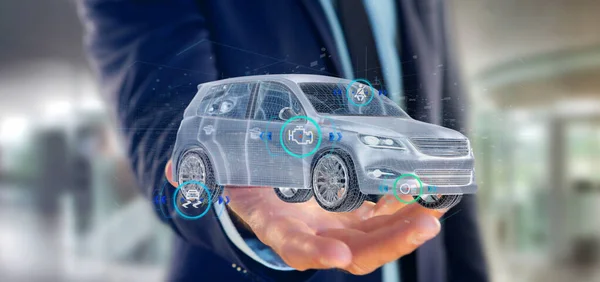 Man håller en Smartcar med checkings 3d-rendering — Stockfoto