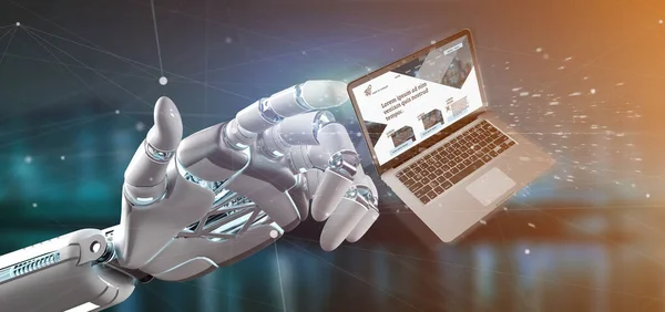 Cyborg hand holding a Laptop with business website template on t