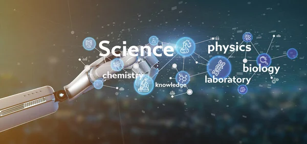 Cyborg hand holding Science icons and title — Stock Photo, Image