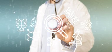 Doktor, kliniğe steteskop kullanarak işaret etti.