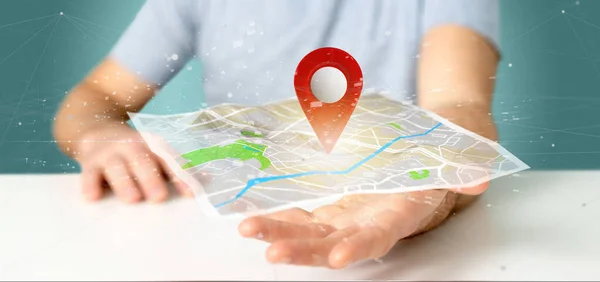 Man håller en 3d-rendering PIN-hållare på kartan — Stockfoto