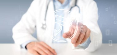 Bir güvenlik kamerası sistemi simgesi ve istatistik verisi tutan doktor