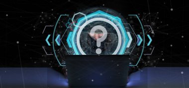 Hacker Man 3. çemberde bir Teknoloji soru işareti simgesi tutuyor