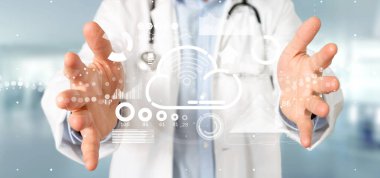 Doktor bulut ve wifi konseptini simge, istatistik ve veri ile tutuyor 