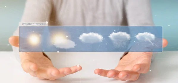 Uomo d'affari in possesso di un widget Previsioni Meteo rendering 3d — Foto Stock