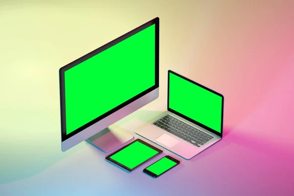 Mock up of isometric devices on a colorfull background - 3d rend