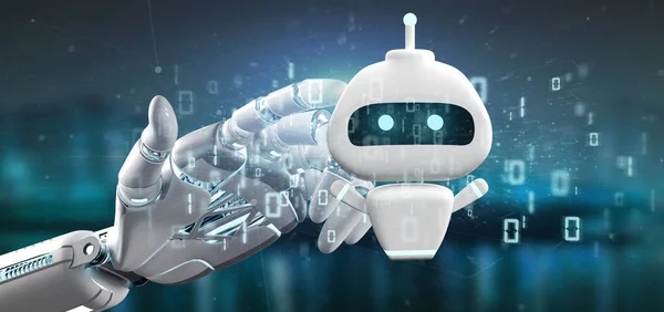 Cyborg handen håller Chatbot med binär kod 3d-rendering — Stockfoto