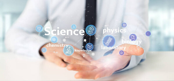 Businessman holding Science icons and title 