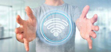 WiFi simgesi ile durum ve ikili tutan işadamı kod 3d parçalamak