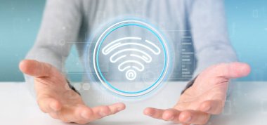 WiFi simgesi ile durum ve ikili tutan işadamı kod 3d parçalamak