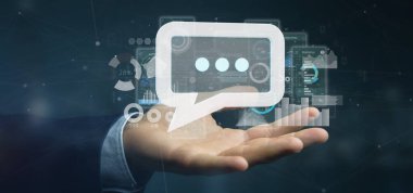 Arka planda verilerle ileti simgesi tutan bir Işadamı görünümü-3B işleme