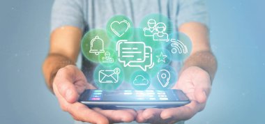 Sosyal medya ağ simgesi bir bulut tutan işadamı