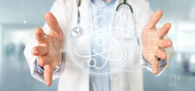 Doktor, kliniğe steteskop kullanarak işaret etti.