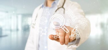 Doktor, kliniğe steteskop kullanarak işaret etti.